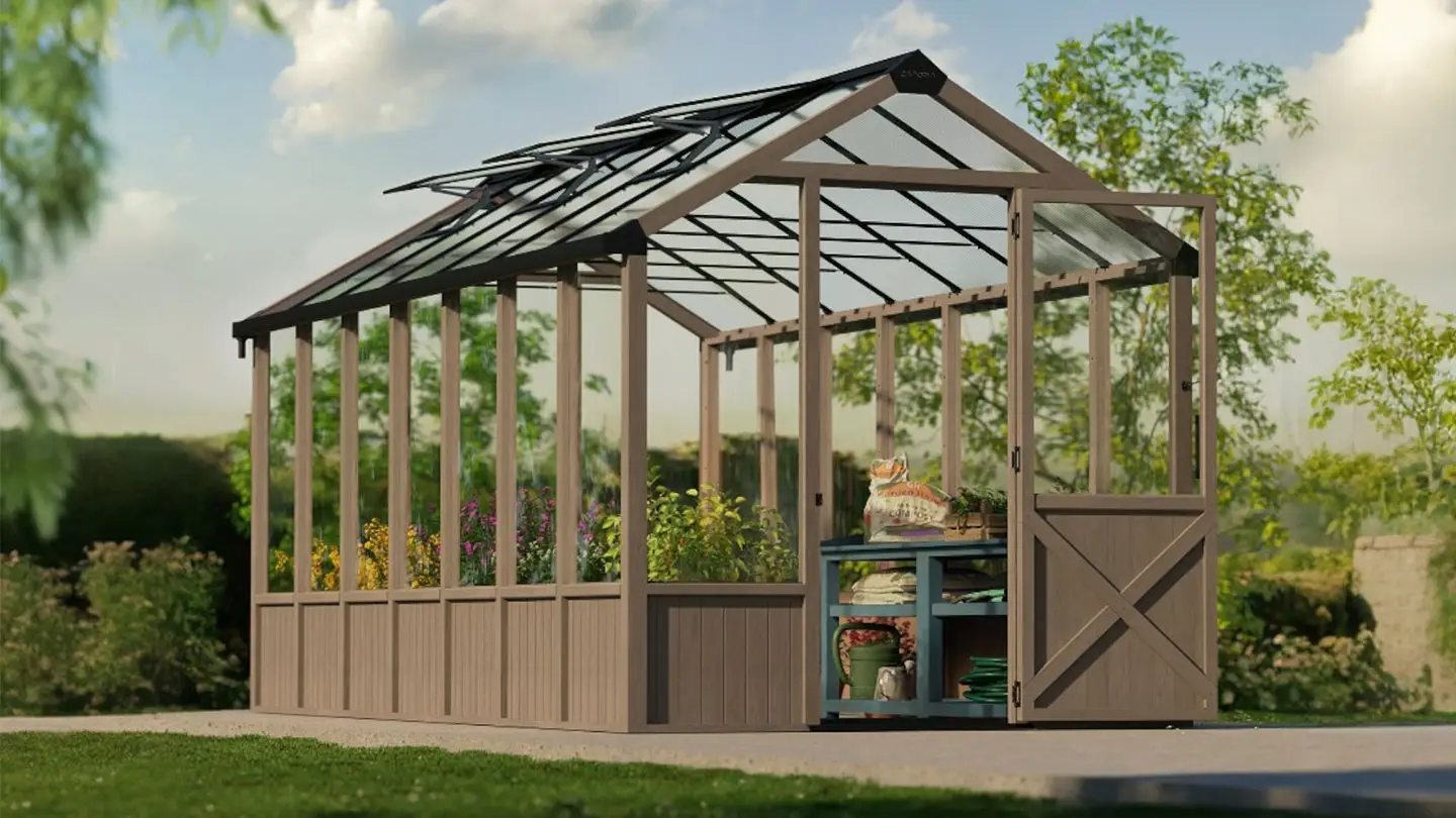 Serre en cèdre avec structure en bois naturel