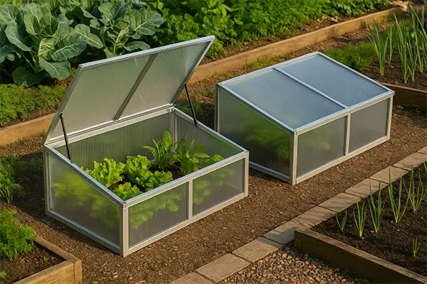 Serres miniatures et châssis de culture dans un potager