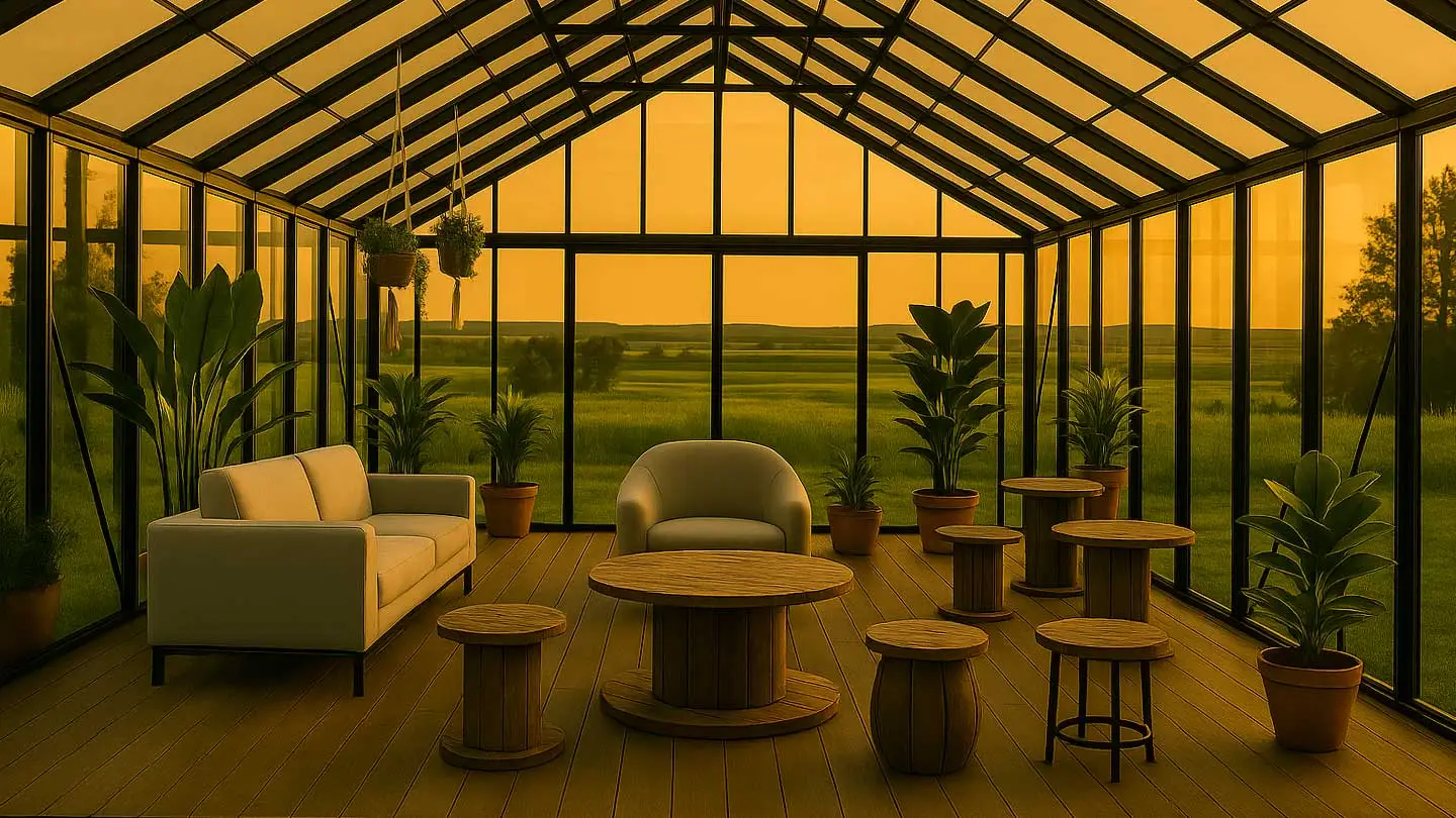 Serre-orangerie spacieuse en verre avec armature noire, aménagée avec un salon moderne, des tables rondes en bois et des plantes en pot, donnant sur un paysage rural au coucher du soleil.