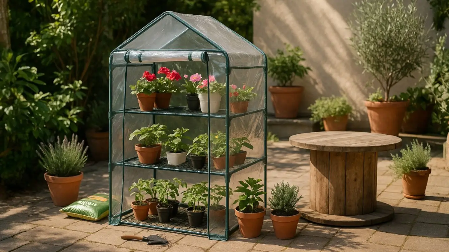 Plastic Greenhouse on a stone patio