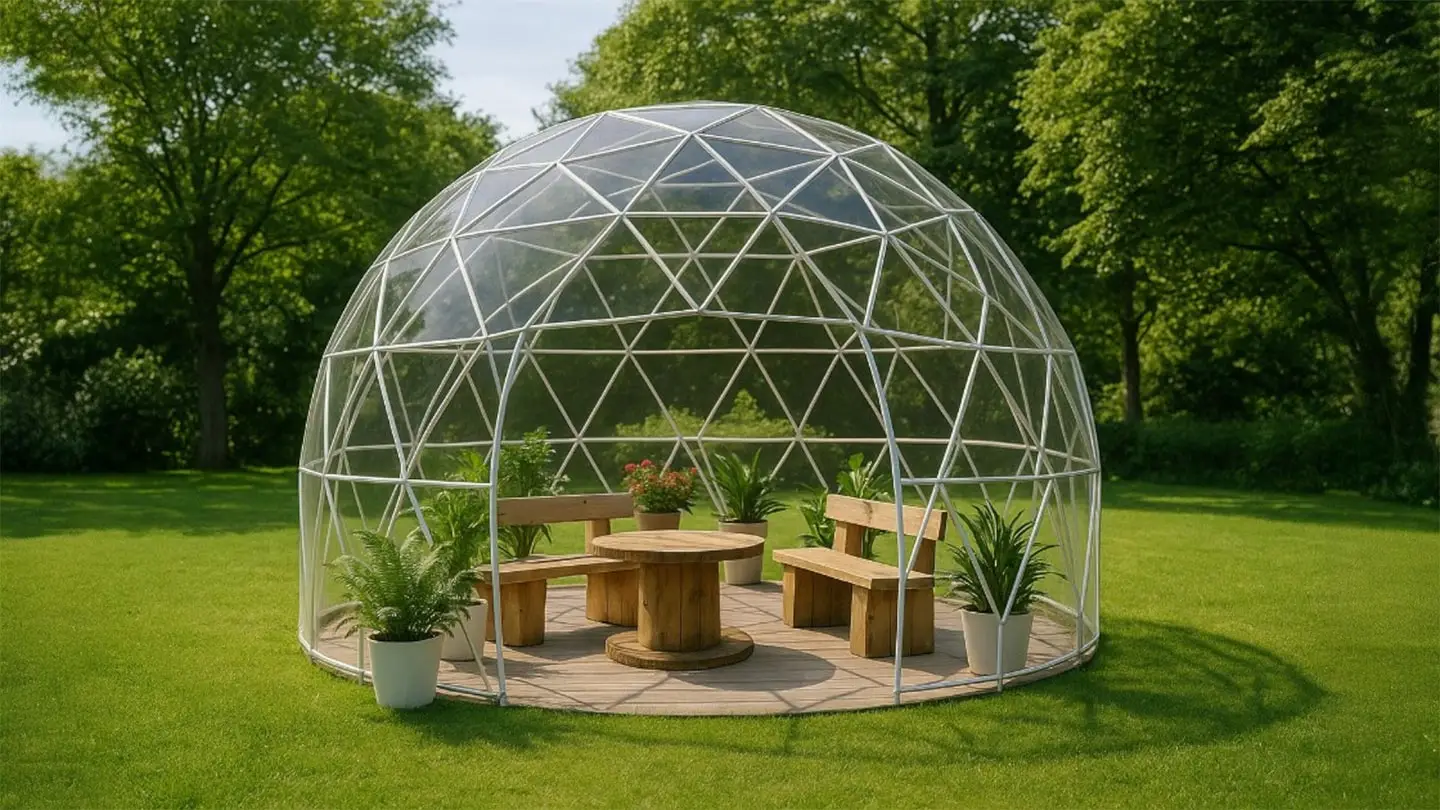 Serre géodésique avec structure transparente, installée sur une pelouse verte et aménagée avec des bancs rustiques en bois et une table ronde, entourée de plantes en pot dans un jardin luxuriant.