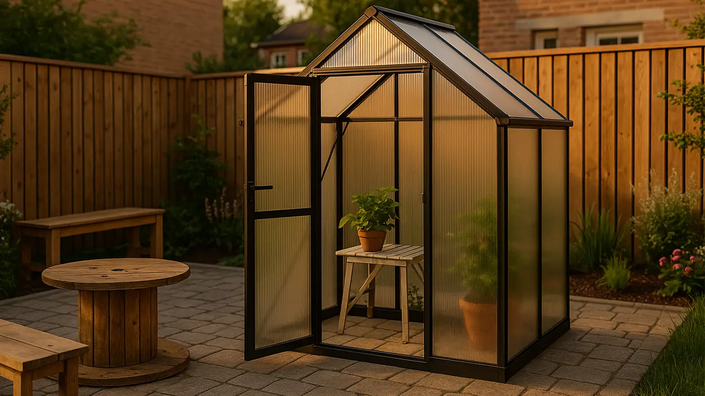 Petite serre de jardin en aluminium noir installée dans un jardin urbain