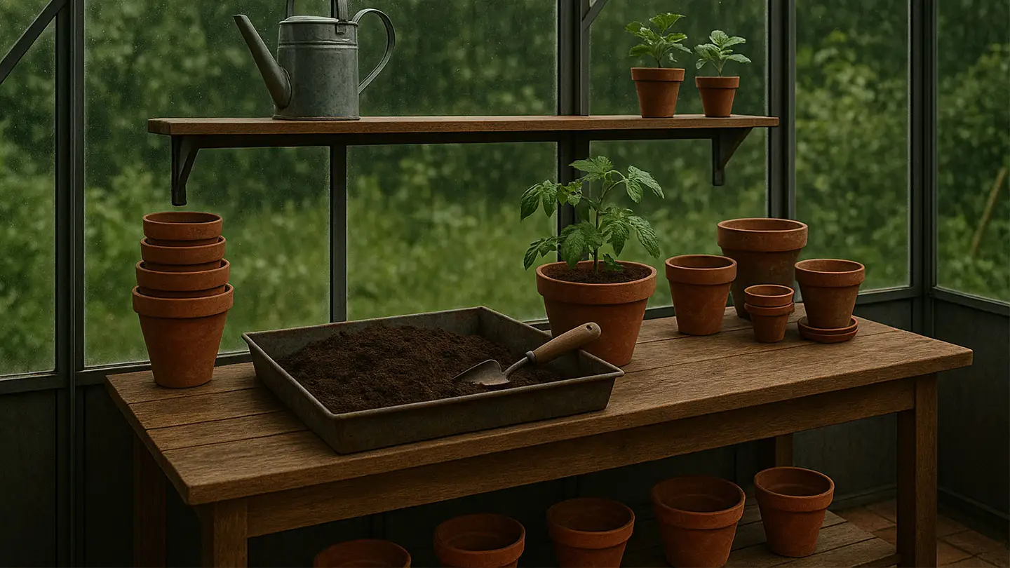Table de rempotage dans une serre avec de petites plantes posées dessus