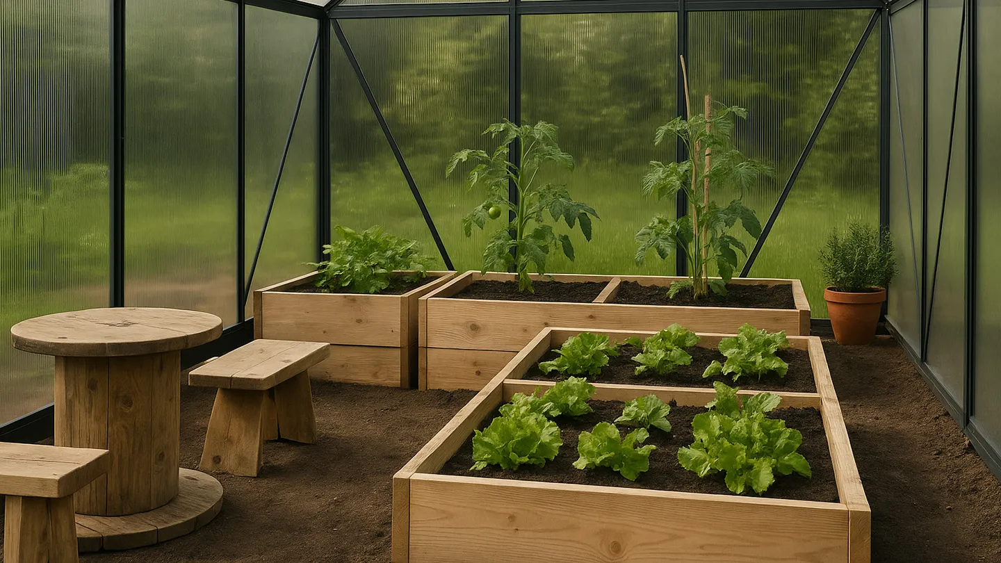 Carrés potagers surélevés dans une serre