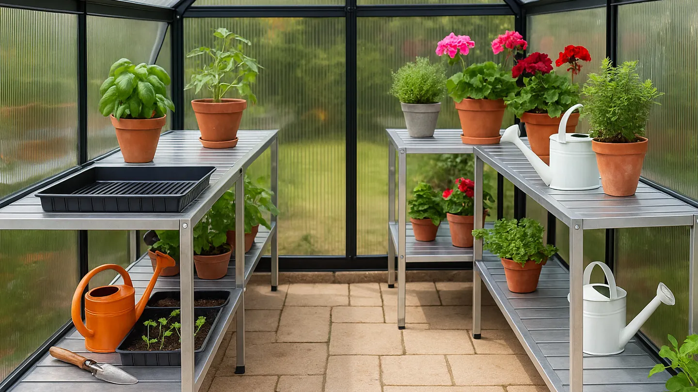 Aménagement de serre avec étagères, pots et plantes