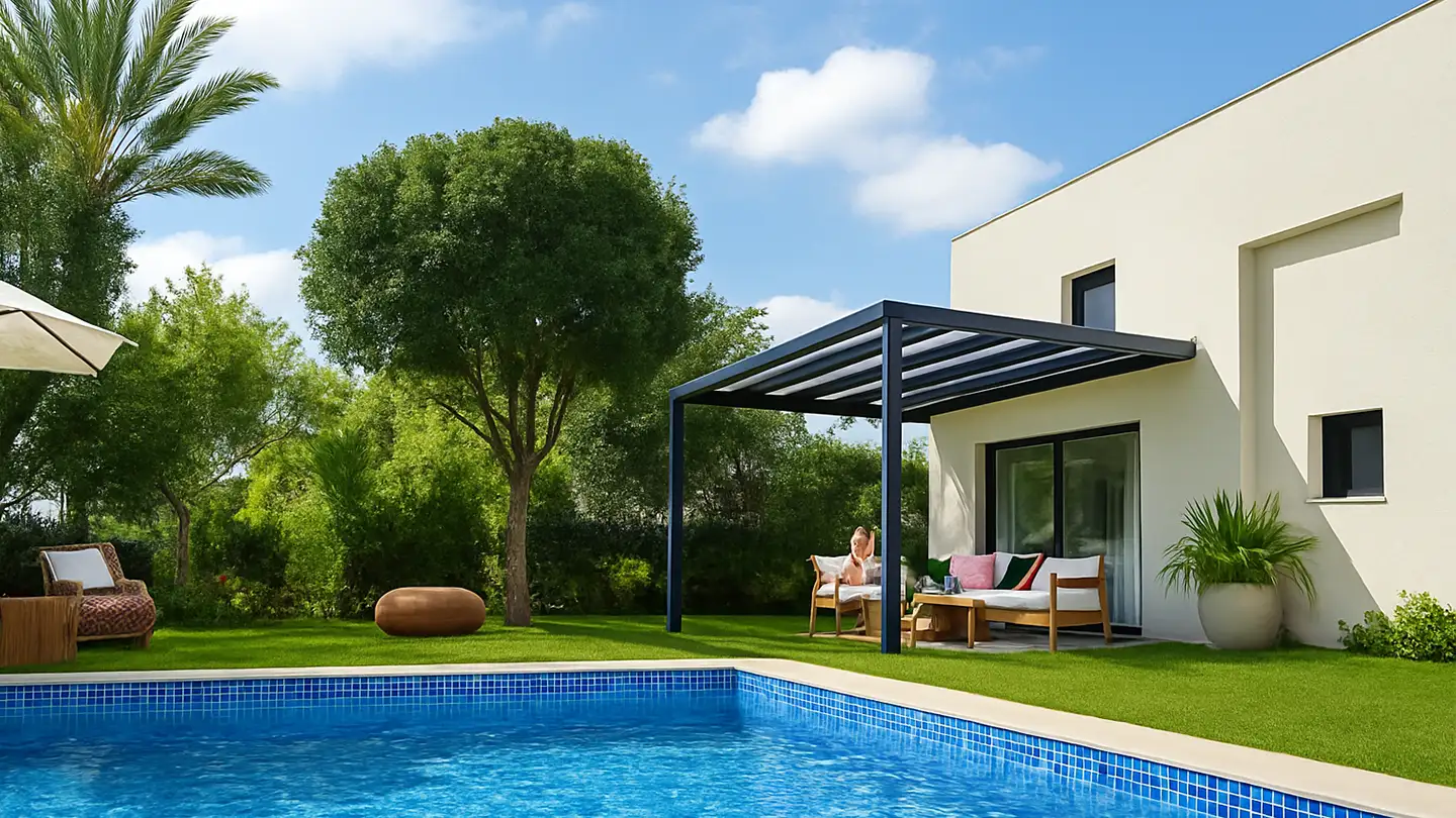 Abri de terrasse moderne attenant à une maison blanche, surplombant un jardin verdoyant avec piscine, salon d’extérieur sous la pergola et une femme profitant du soleil
