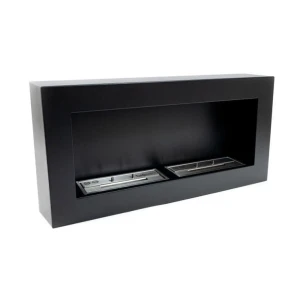 Bred sort væghængt biopejs med to brandkar. Forventet brændtid 2-2,5 timer. Størrelse: B: 90 cm x H: 43 cm x D: 20 cm.