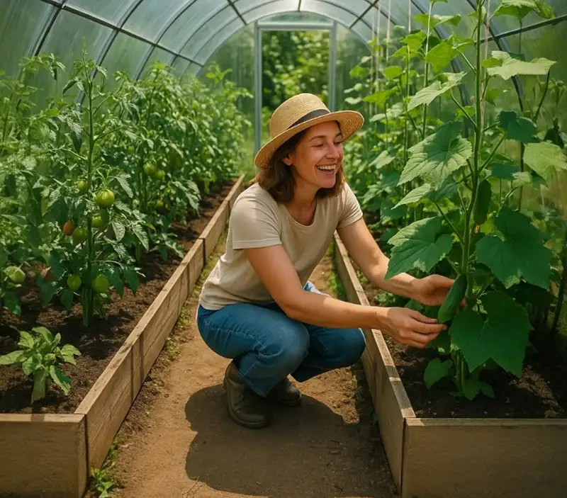 Femme prenant soin de tomates et concombres dans une serre